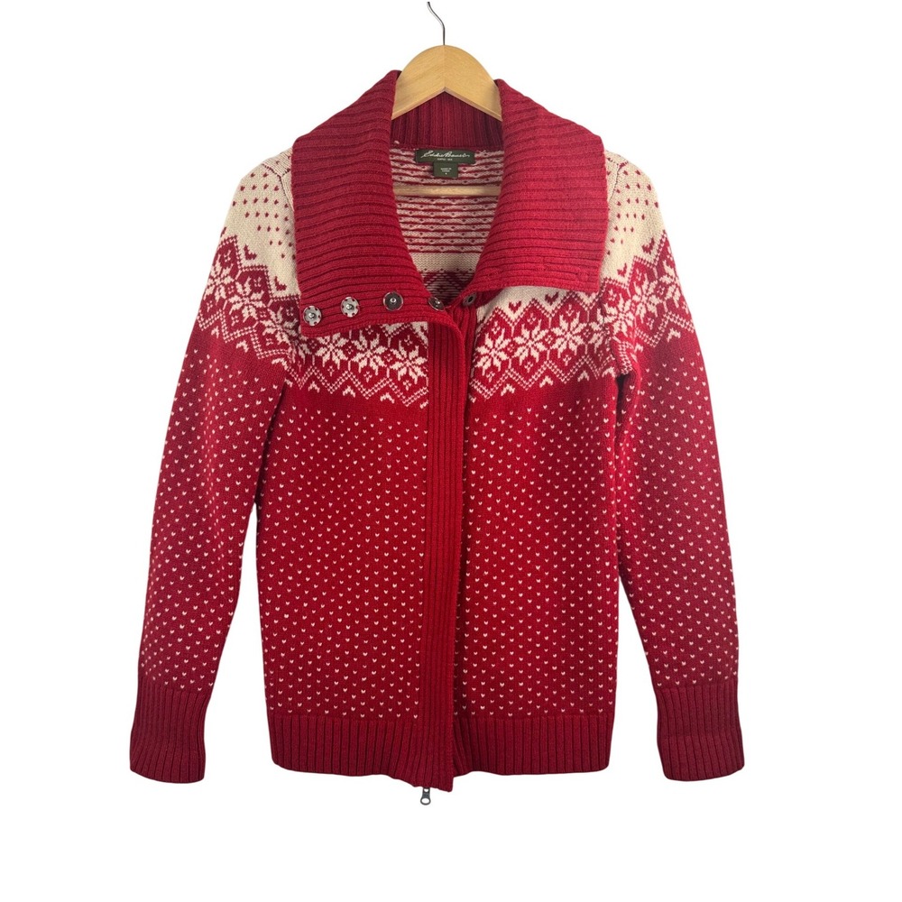 Eddie Bauer Cardigan sz S Red Fair Isle Snowflake Lambswool Zip Up Sweater